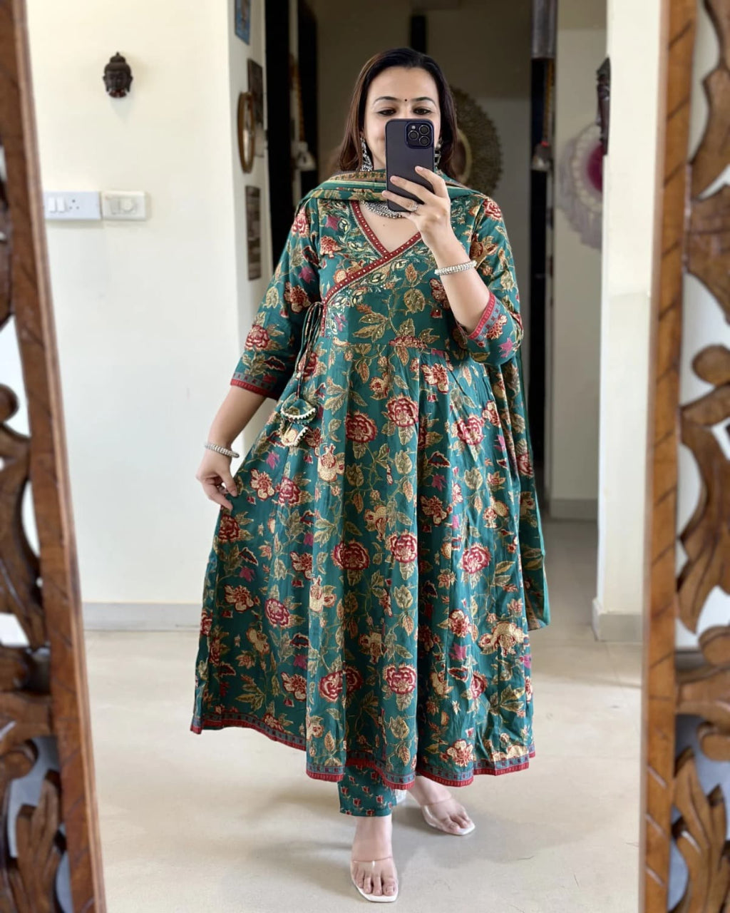 Green Cotton Angrakha Printed Kurta Set