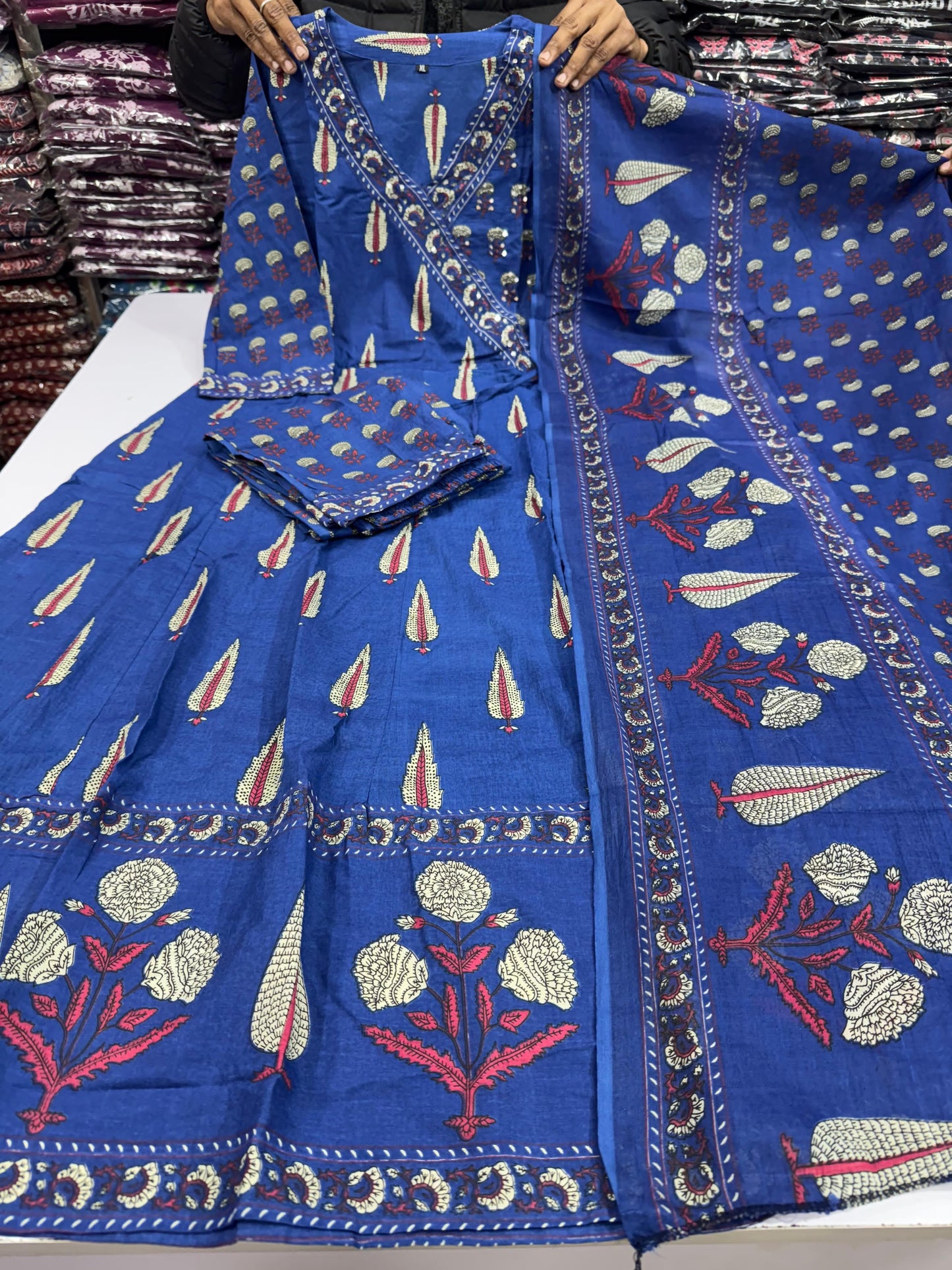 Blue Cotton Angrakha Block Printed Kurta Set