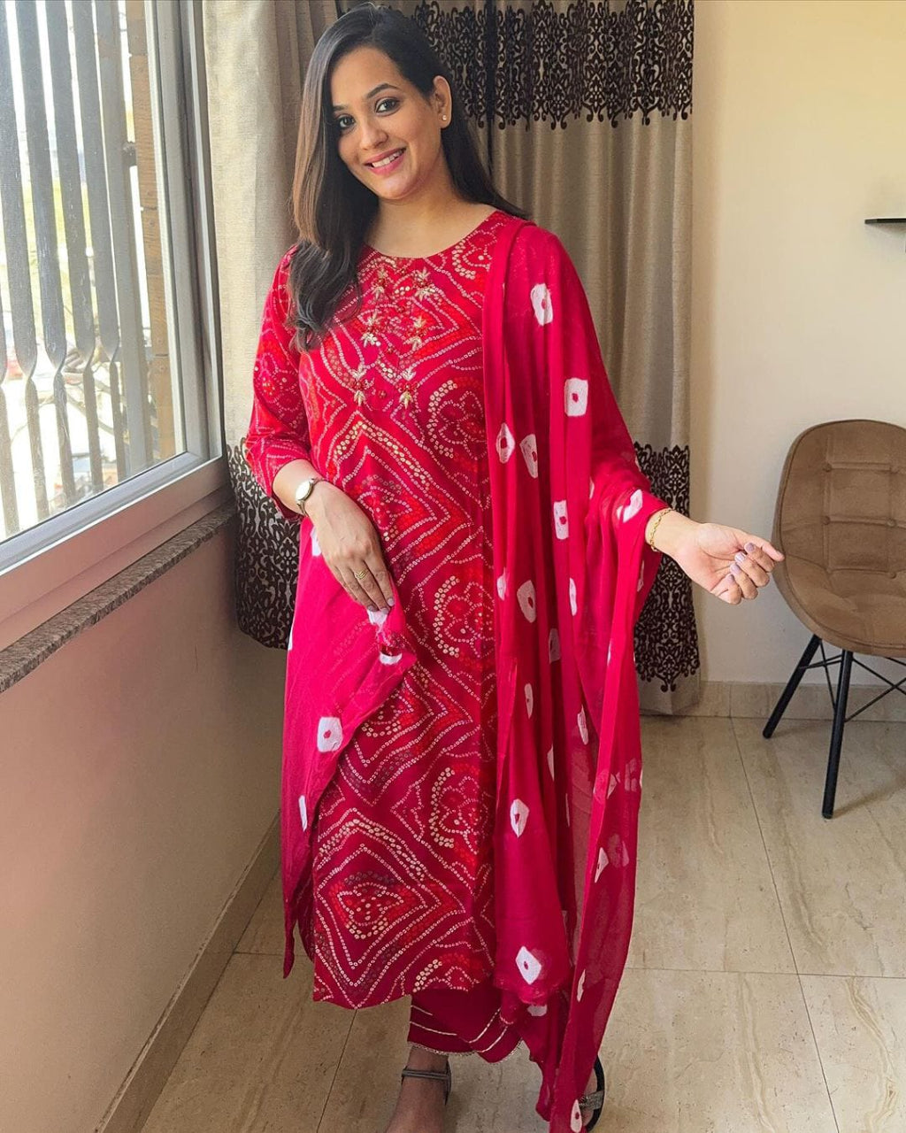 Red Bandhani Kurta Set