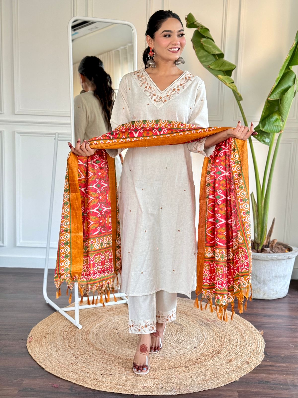 White Embroidered Kurta Set with Khadi Silk Dupatta
