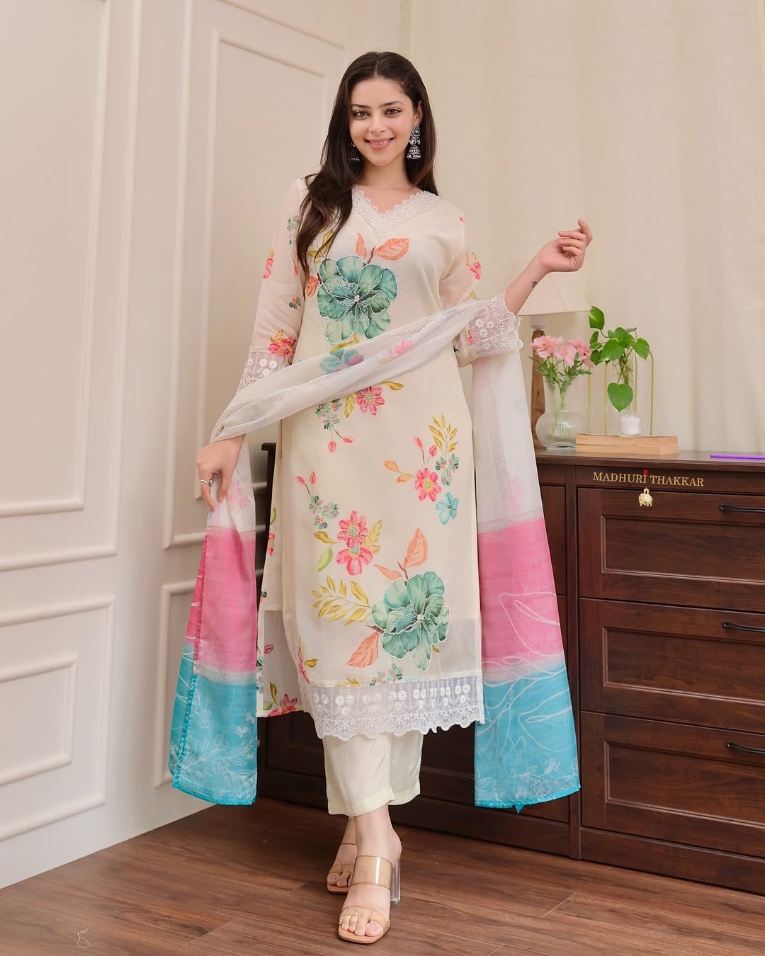 White and Pink Organza Lace Kurta
Set
