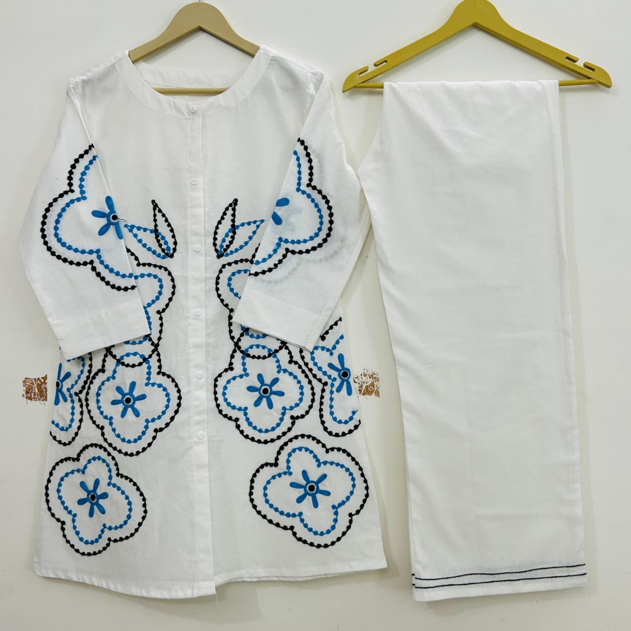 White/Blue/Black Embroidered Coord Set