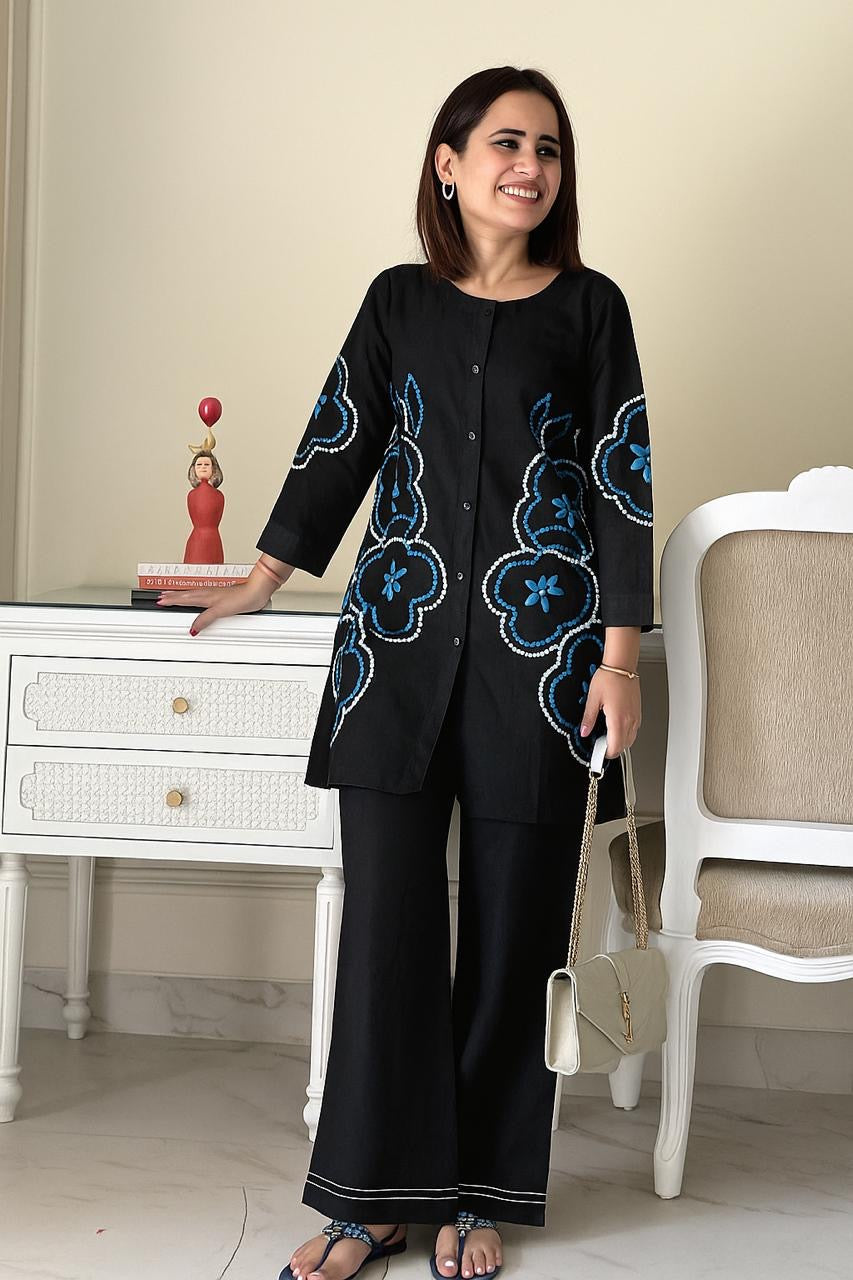 White/Blue/Black Embroidered Coord Set