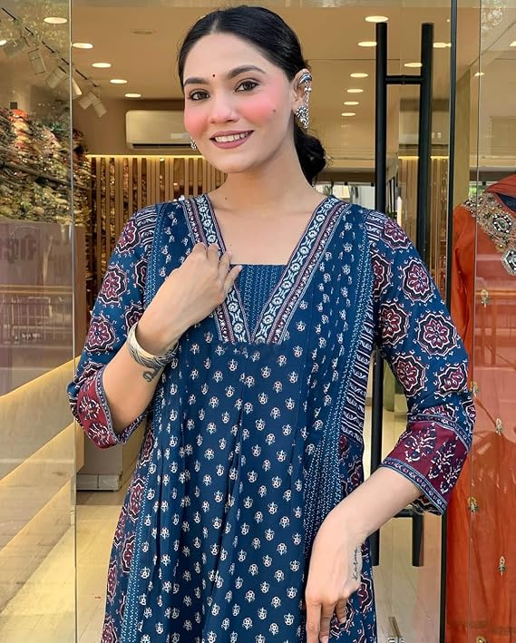 Blue Printed Anarkali Kurta Set with Dupata