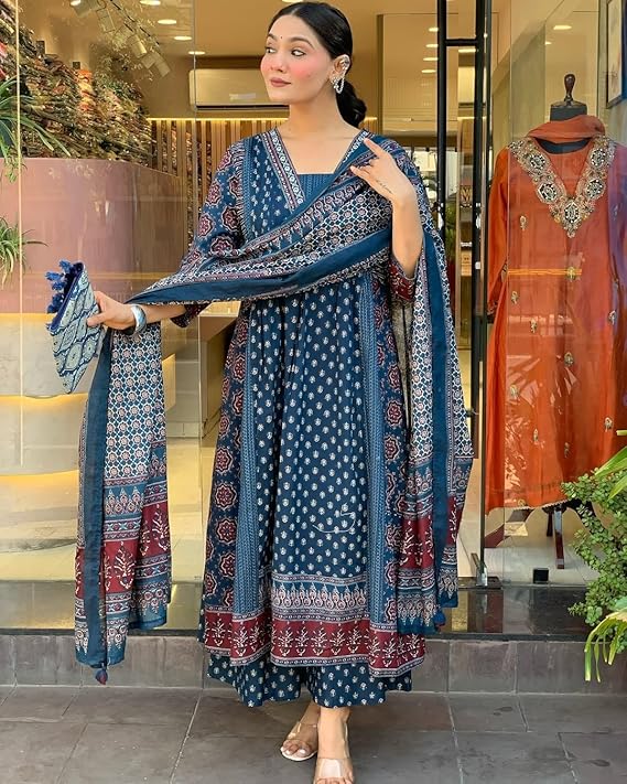 Blue Printed Anarkali Kurta Set with Dupata