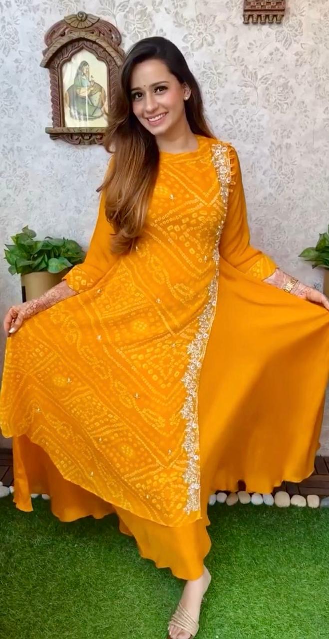 Pink/ Red/Yellow Bandhej Embroidered Festive Gown