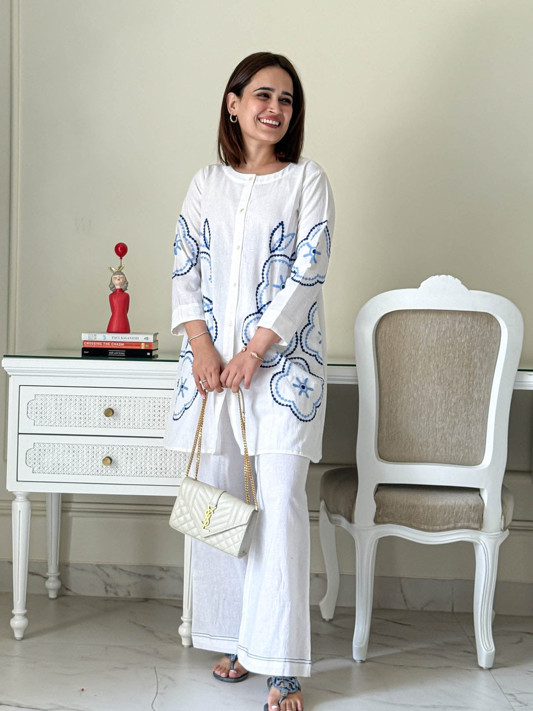 White/Blue/Black Embroidered Coord Set