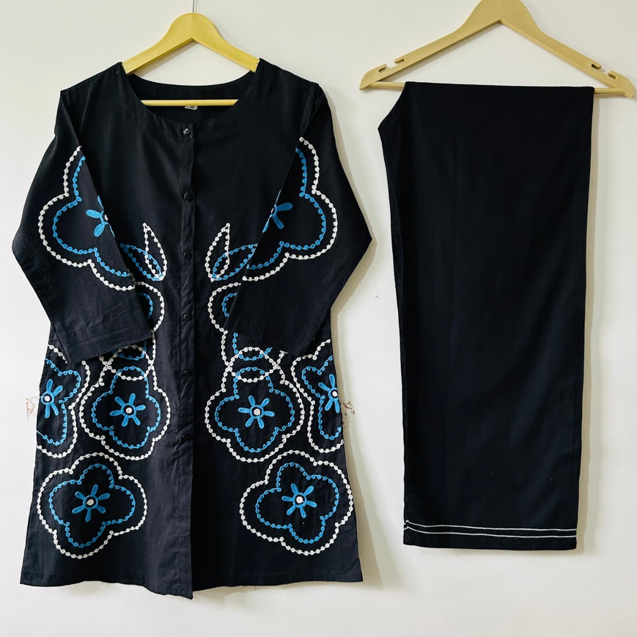 White/Blue/Black Embroidered Coord Set
