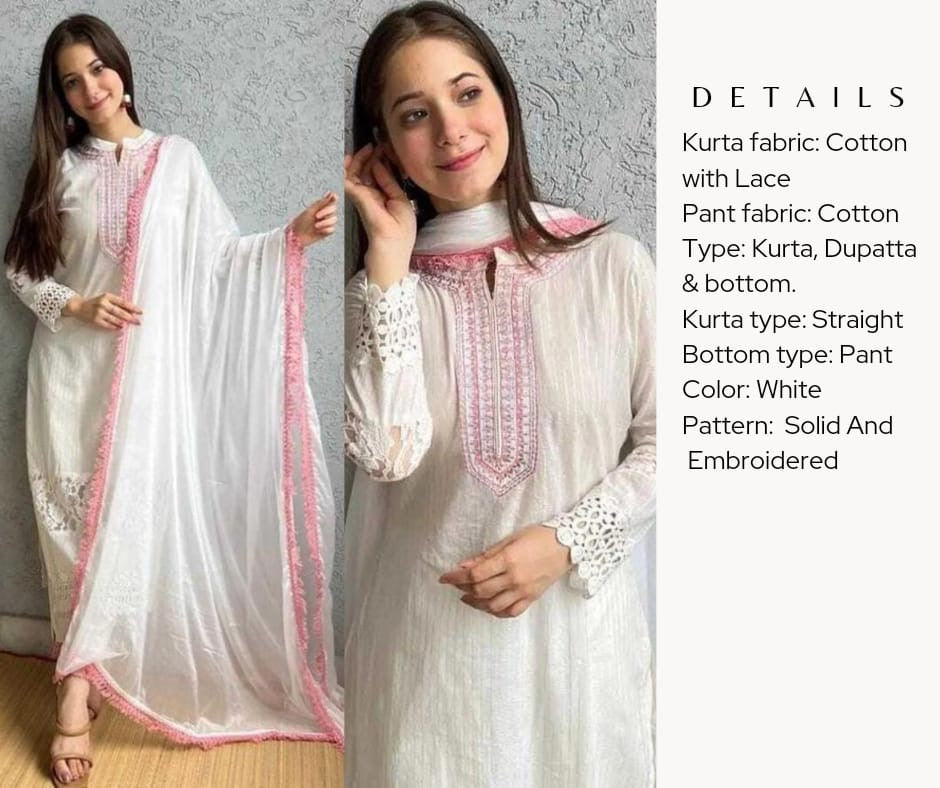 White And Pink Lace Work Kurta Set