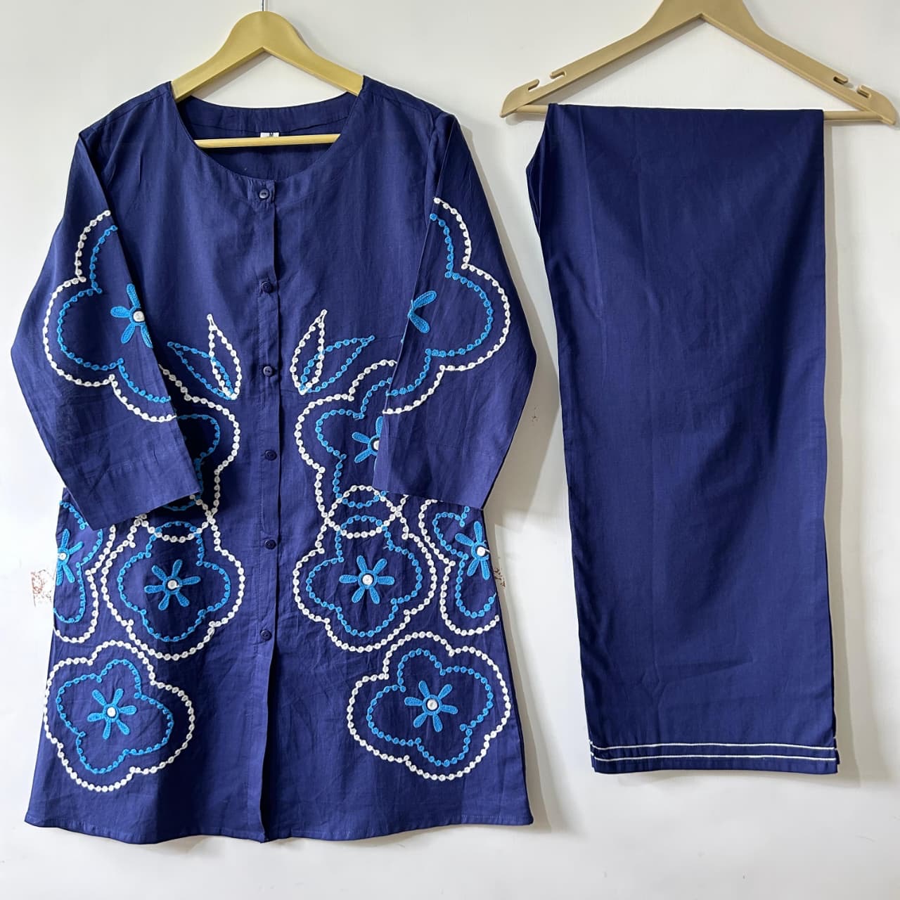 White/Blue/Black Embroidered Coord Set