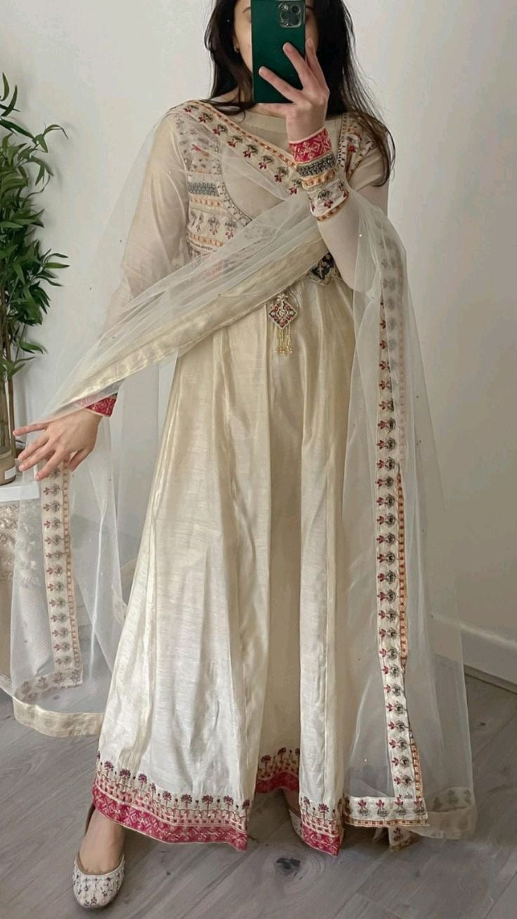 White/Black Jacket Style Zari Embroidered Kurta and Dupatta Set