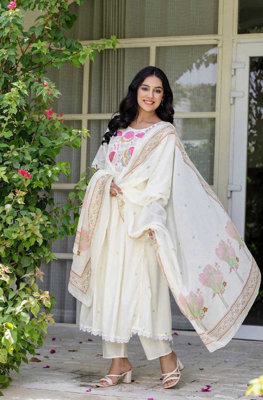 White and Pink Floral Embroidered Anarkali Kurta Set