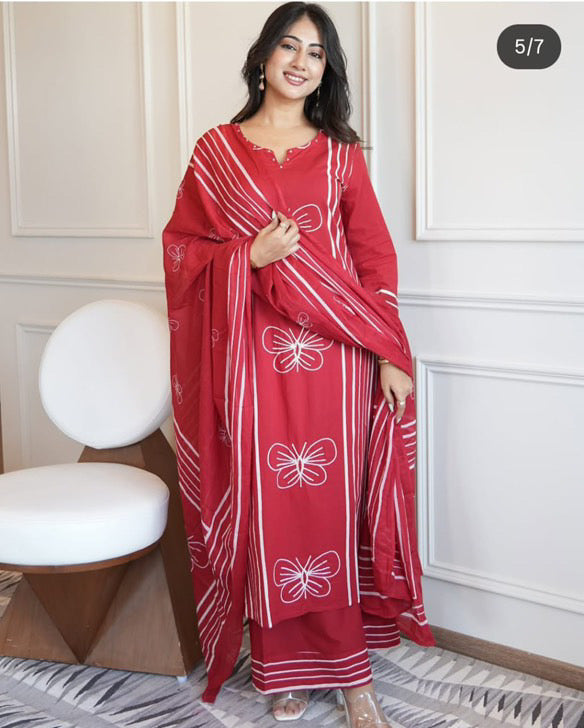 Red/Blue/Yellow Pure cotton Embroidered Kurta Set