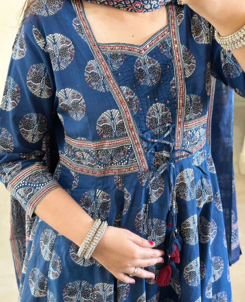 Blue Kantha Jacket Styled Anarkali Kurta Set