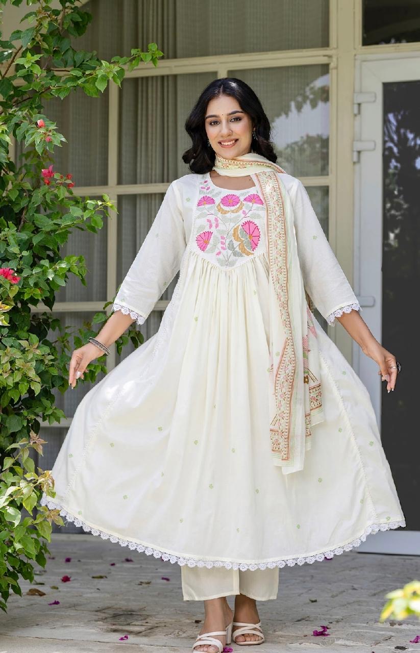 White and Pink Floral Embroidered Anarkali Kurta Set