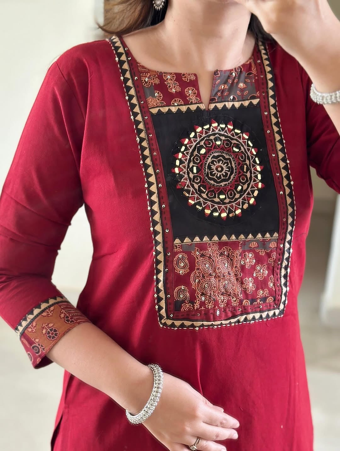 Red/Yellow Motif Embroidered Kurta Set