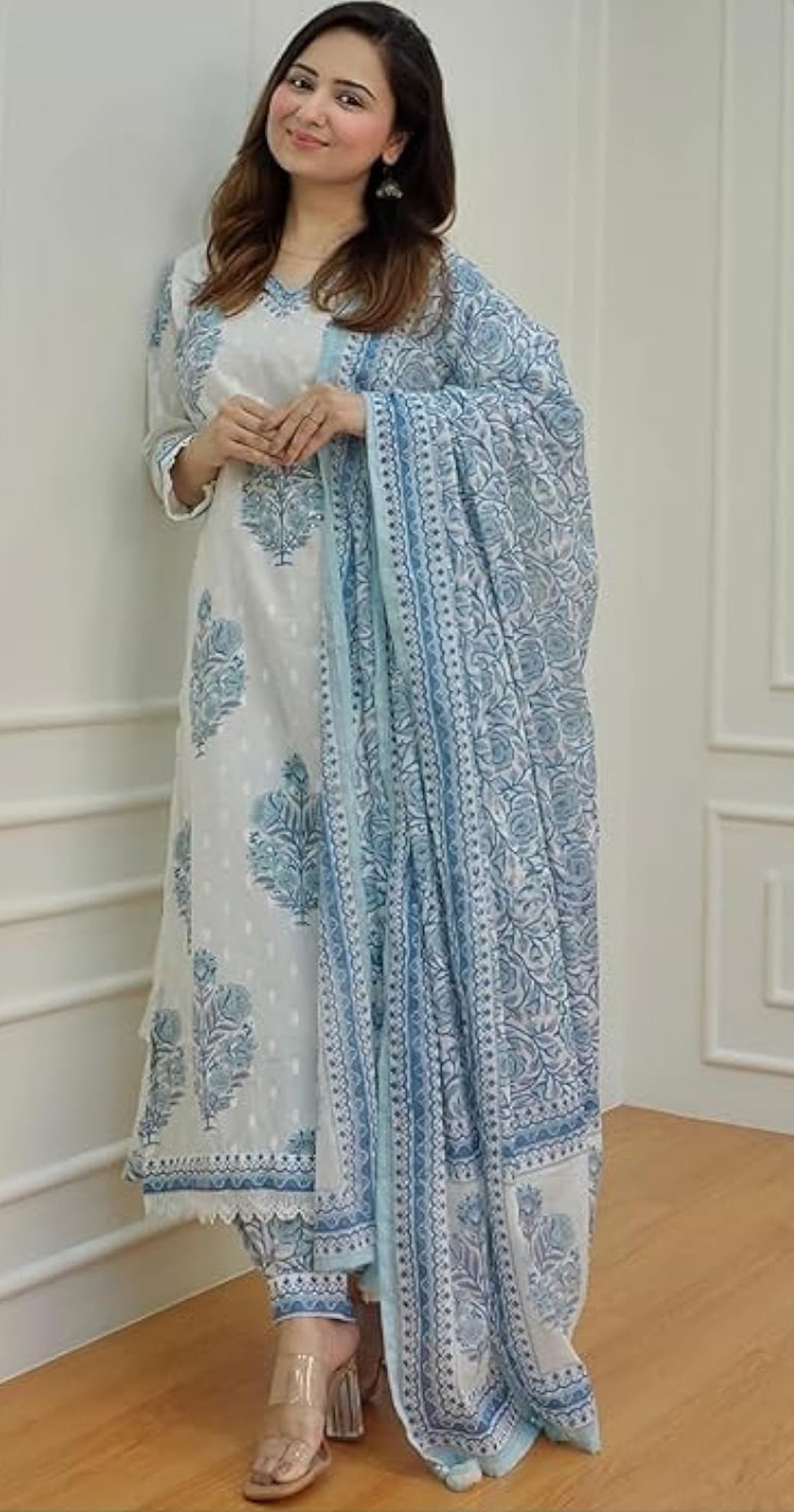White and Blue Block Printed Kurta Set with Dupatta