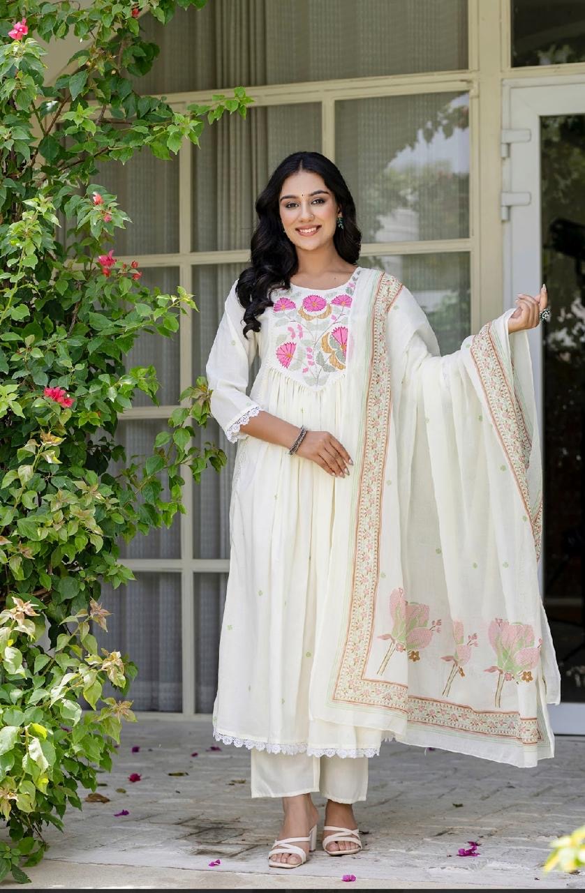 White and Pink Floral Embroidered Anarkali Kurta Set