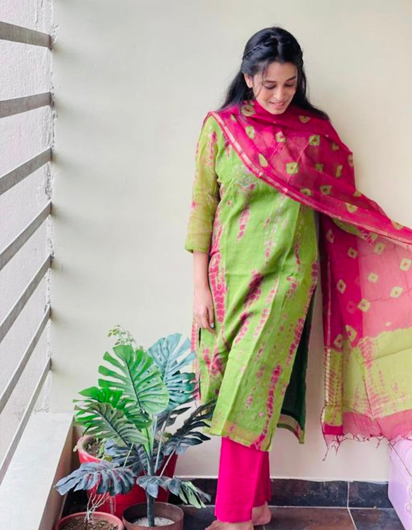 Pink And Green Bandhej Printed Kurta Set With Dupatta