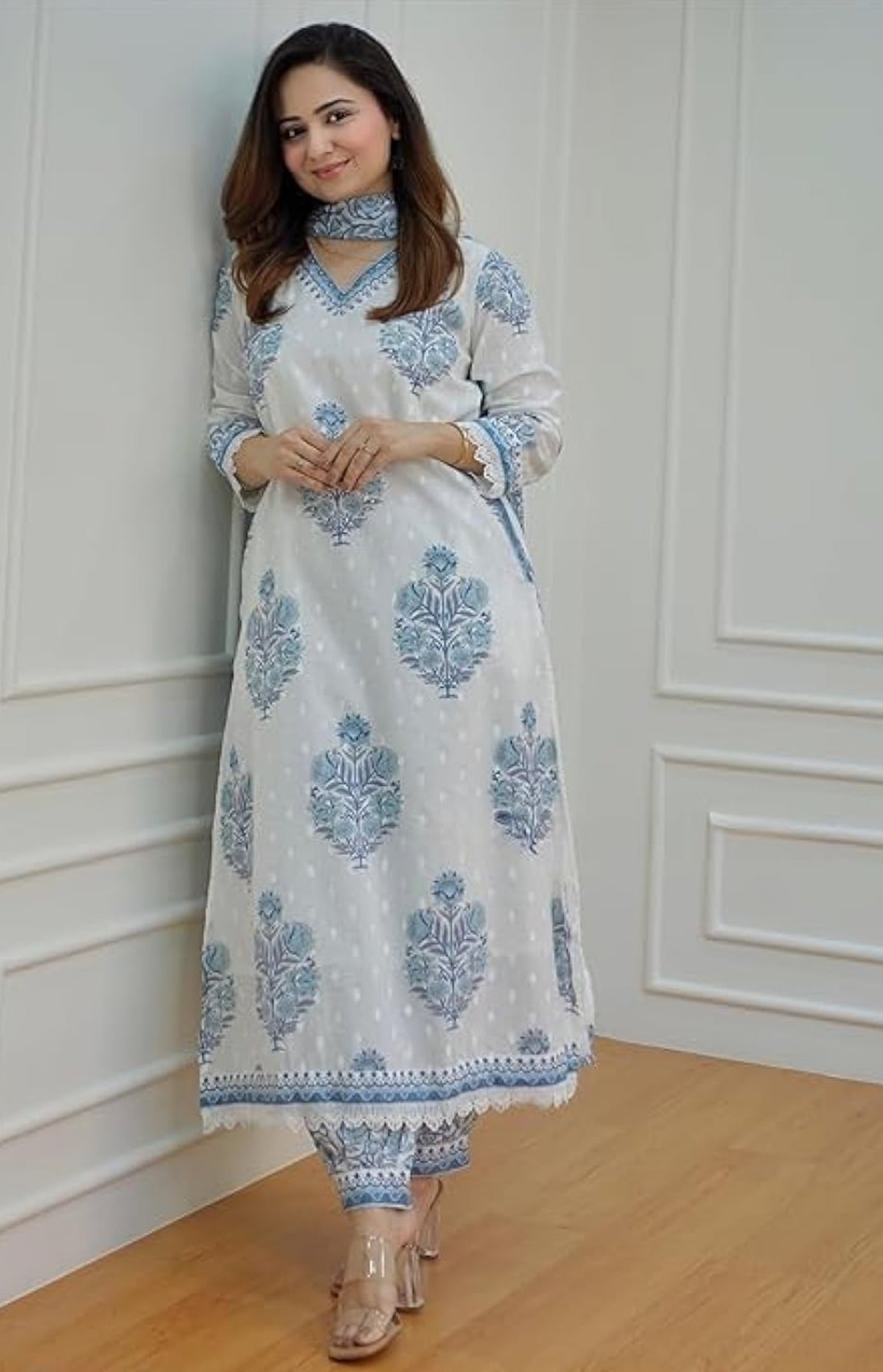 White and Blue Block Printed Kurta Set with Dupatta