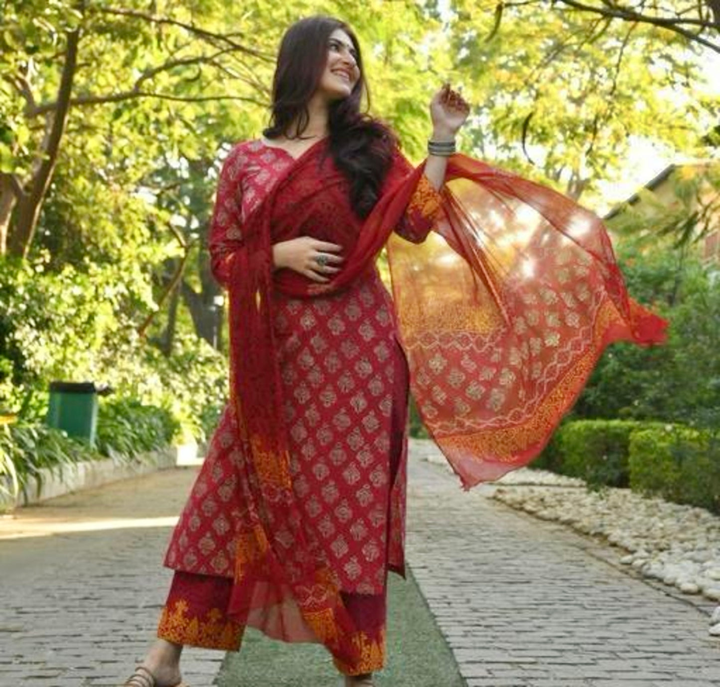 Printed Red Kurta Set With Dupatta