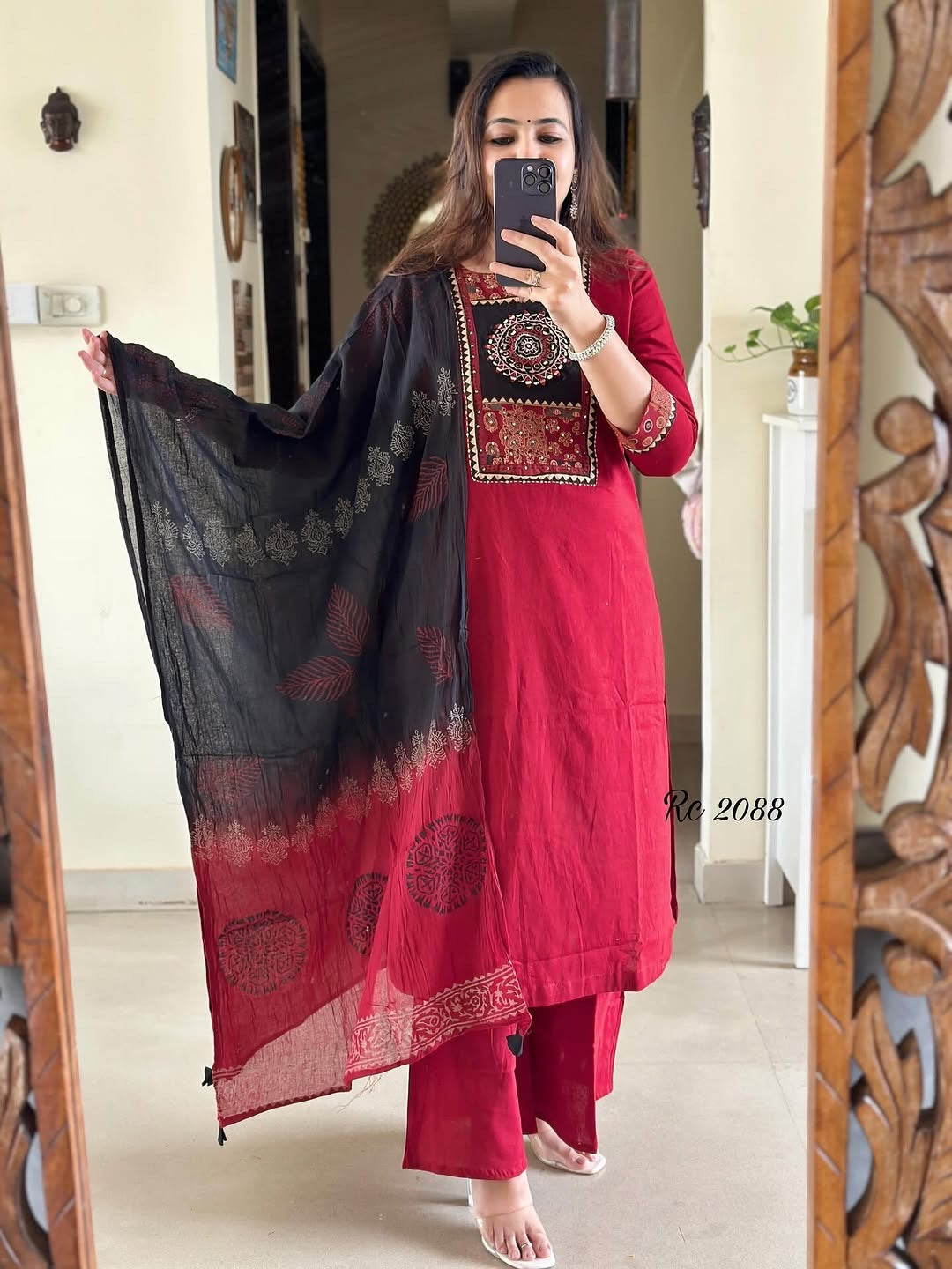 Red/Yellow Motif Embroidered Kurta Set