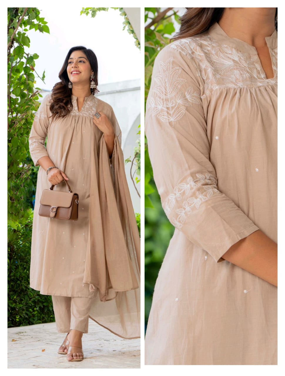 Beige Aari Embroidered Kurta Set