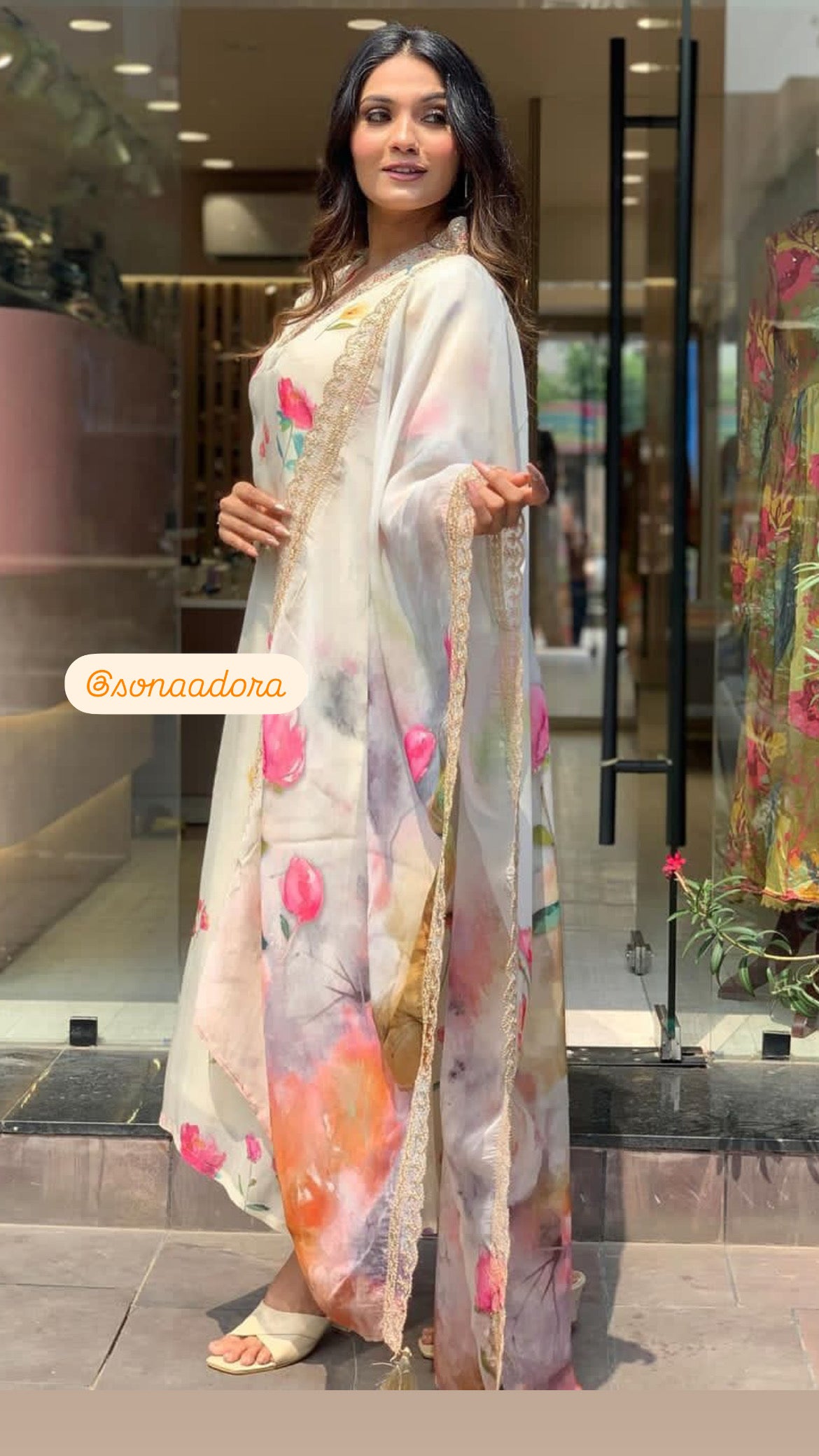 Cream Floral Chanderi Kurta Set