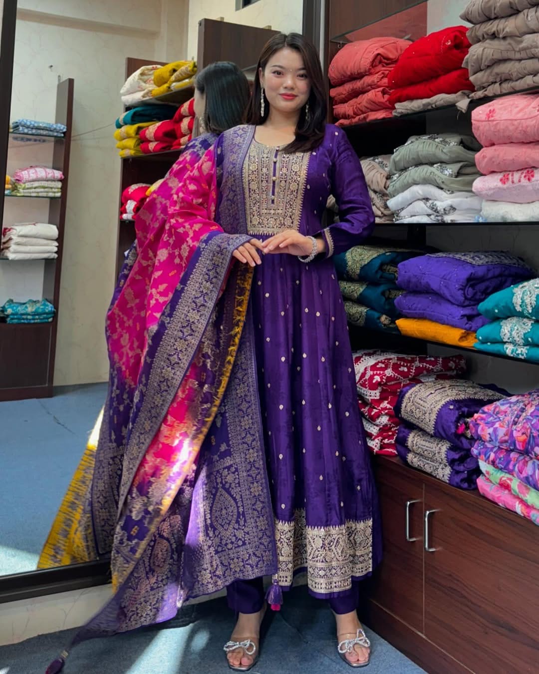Purple Anarkali Flared Kurta Pant Dupatta Set