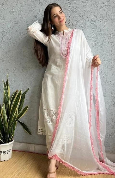 White And Pink Lace Work Kurta Set
