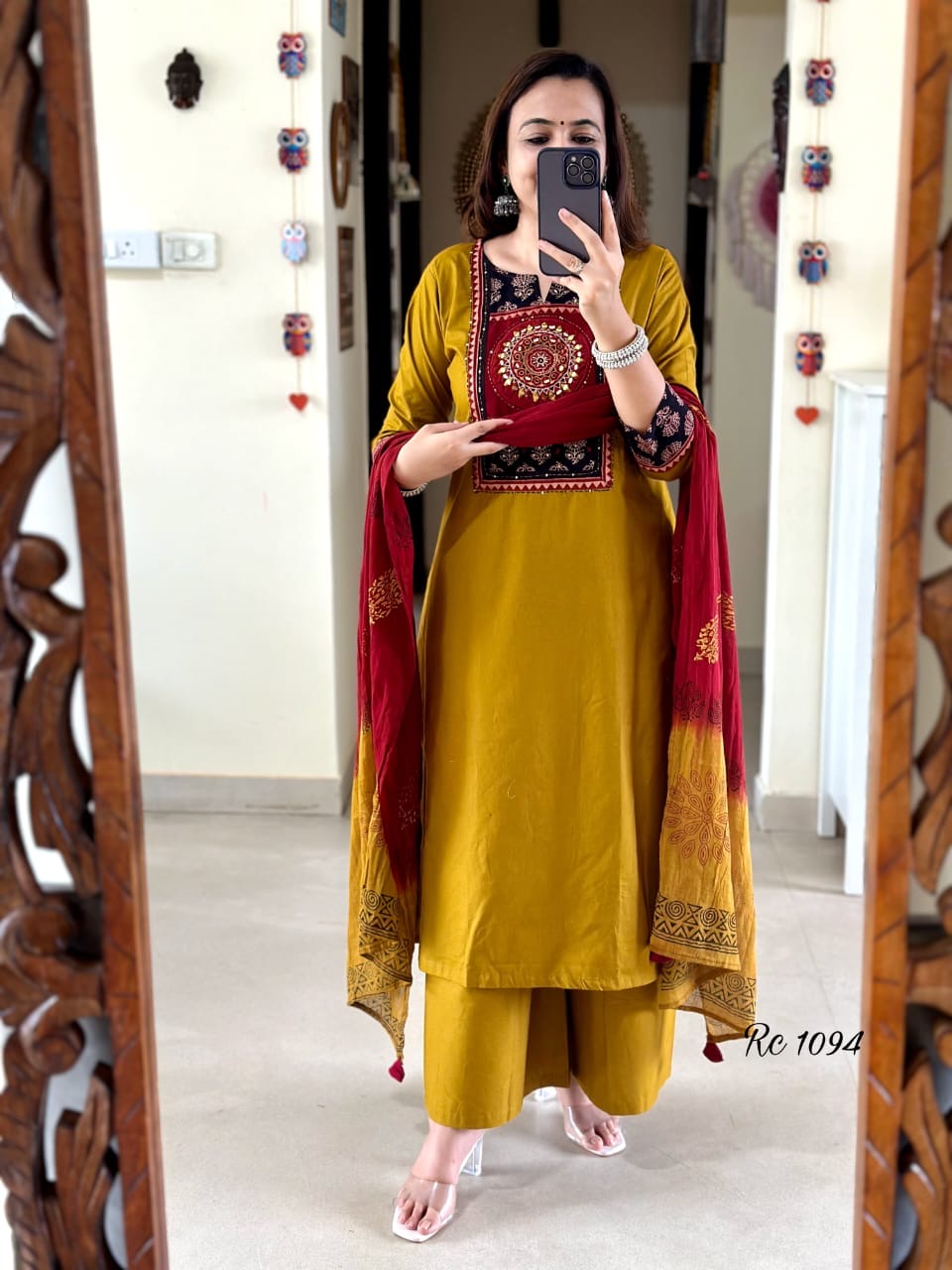 Red/Yellow Motif Embroidered Kurta Set
