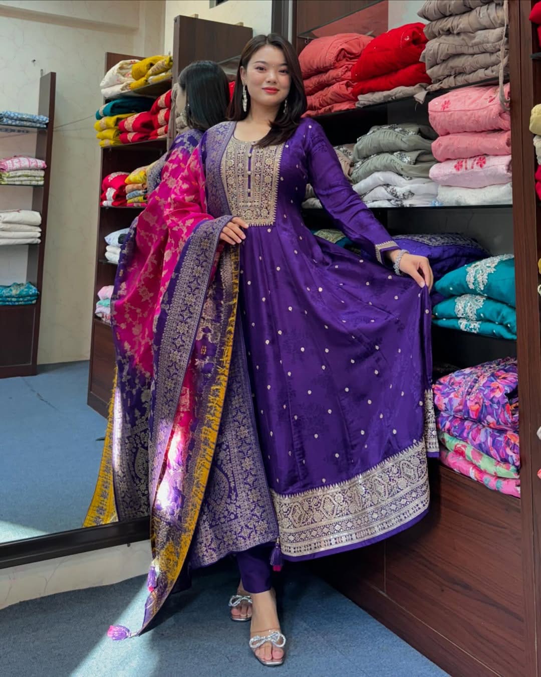 Purple Anarkali Flared Kurta Pant Dupatta Set