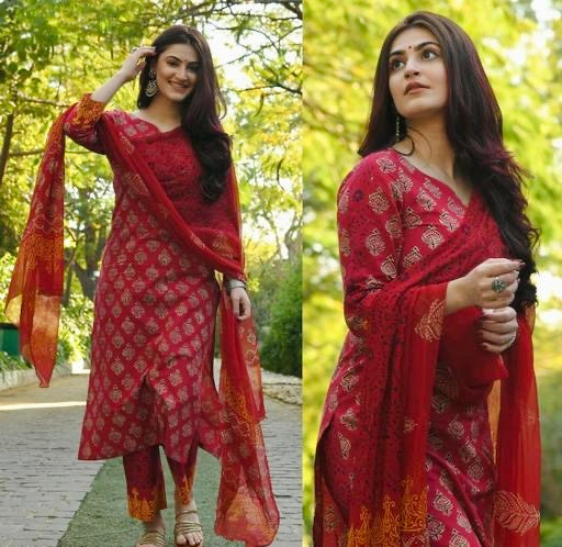 Printed Red Kurta Set With Dupatta