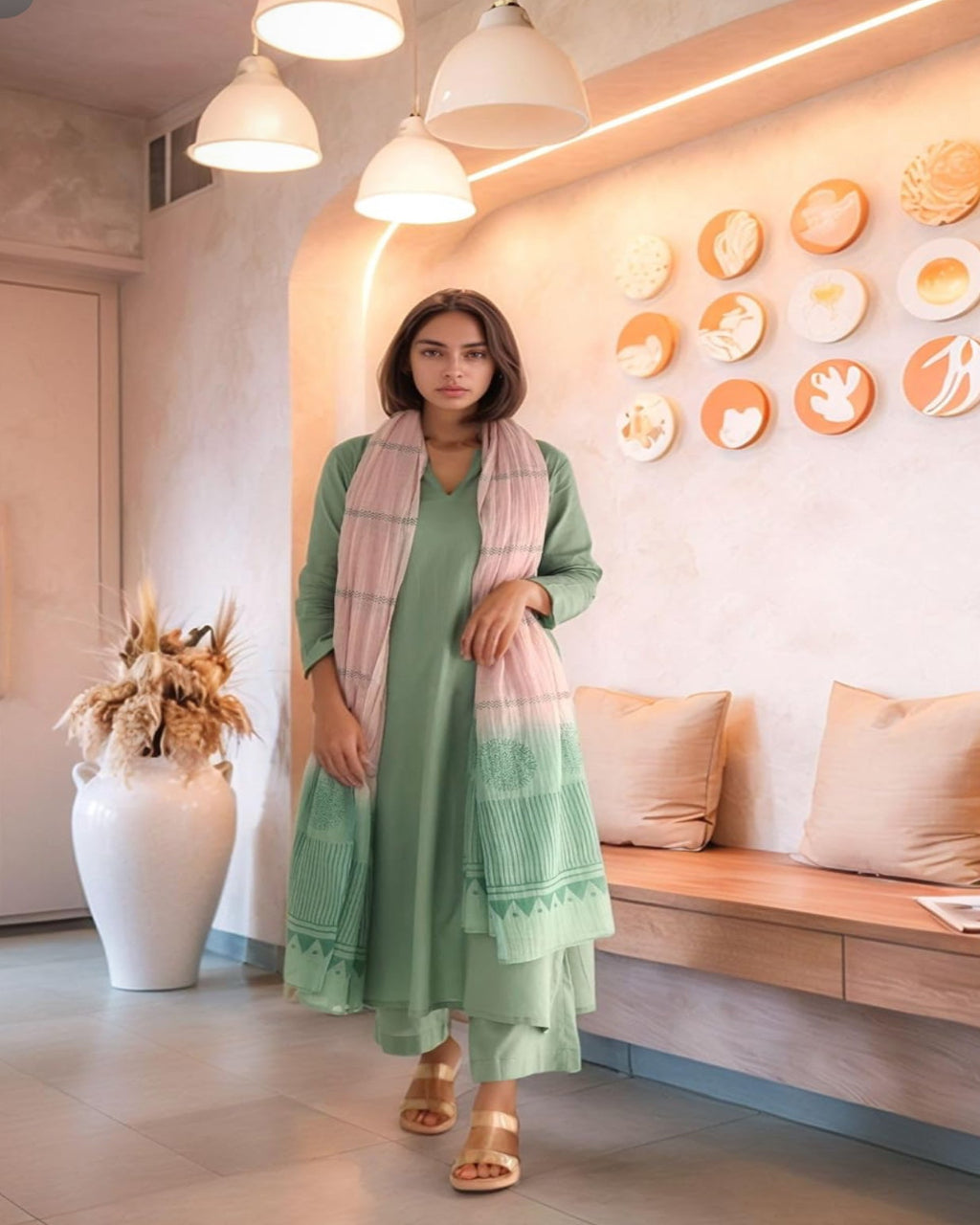 Woman in a green dress with a pink scarf standing in a modern interior setting.