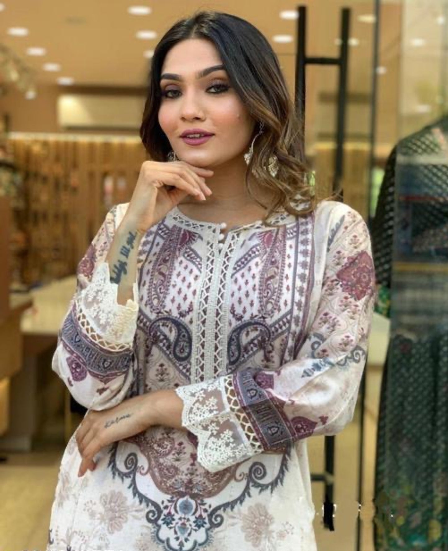 Pakistani Satin Crepe Kurta Set With Dupatta