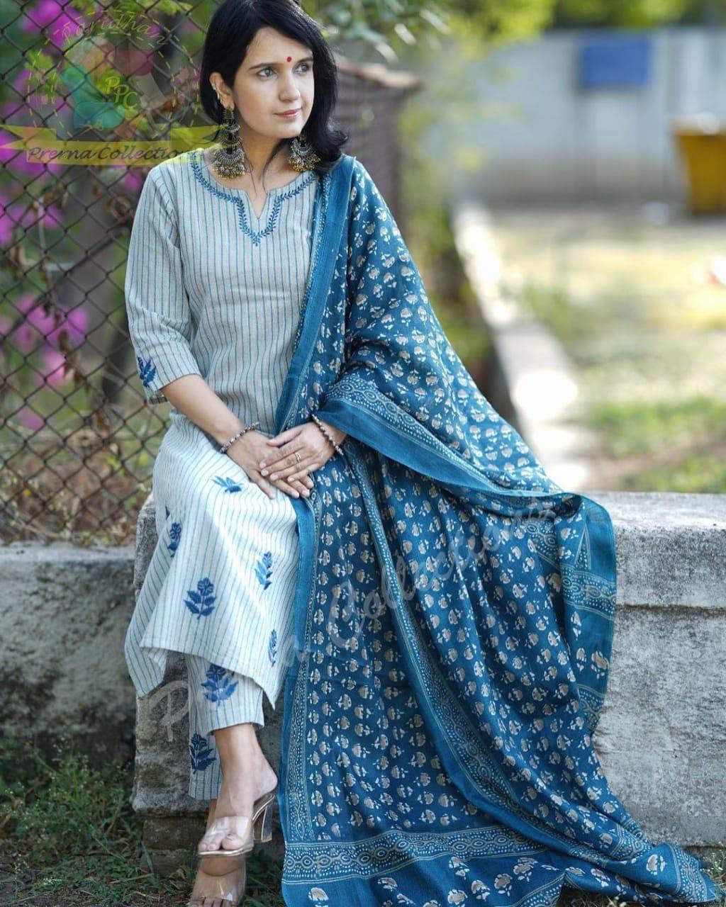 Blue and Grey Striped Cotton Embroidered Kurta Set