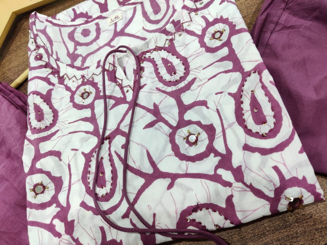 Cotton White and Purple Printed Kurta set