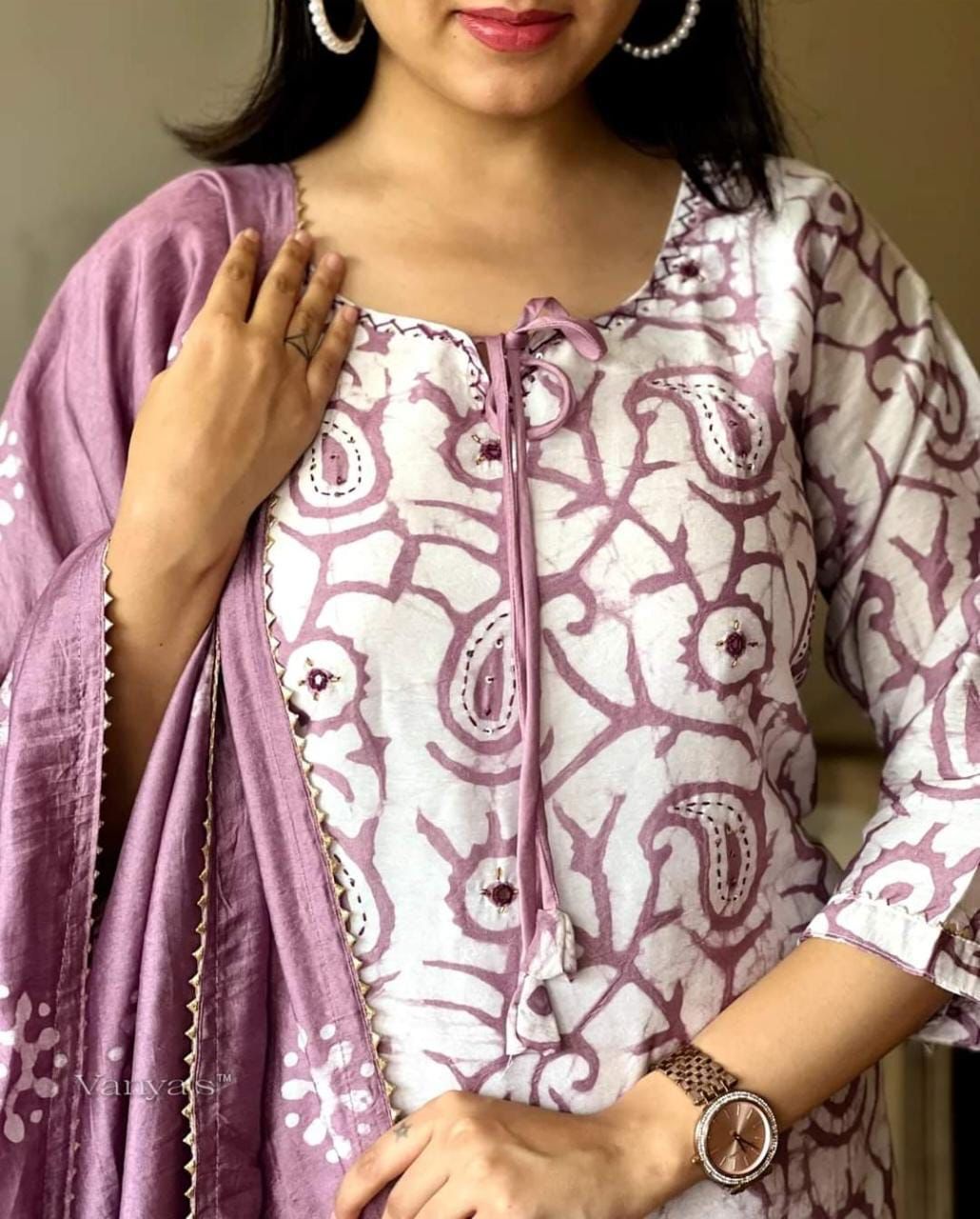 Cotton White and Purple Printed Kurta set