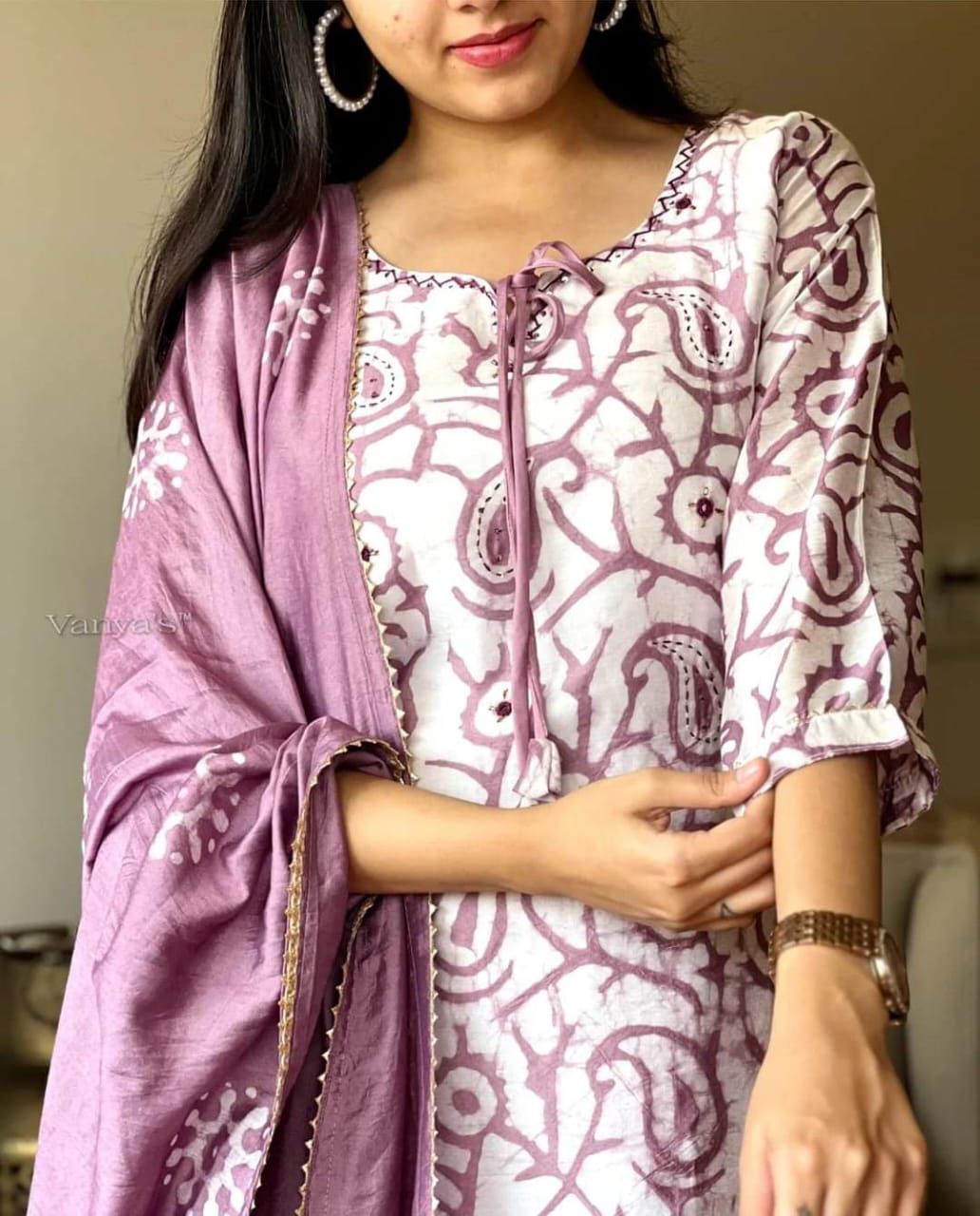 Cotton White and Purple Printed Kurta set