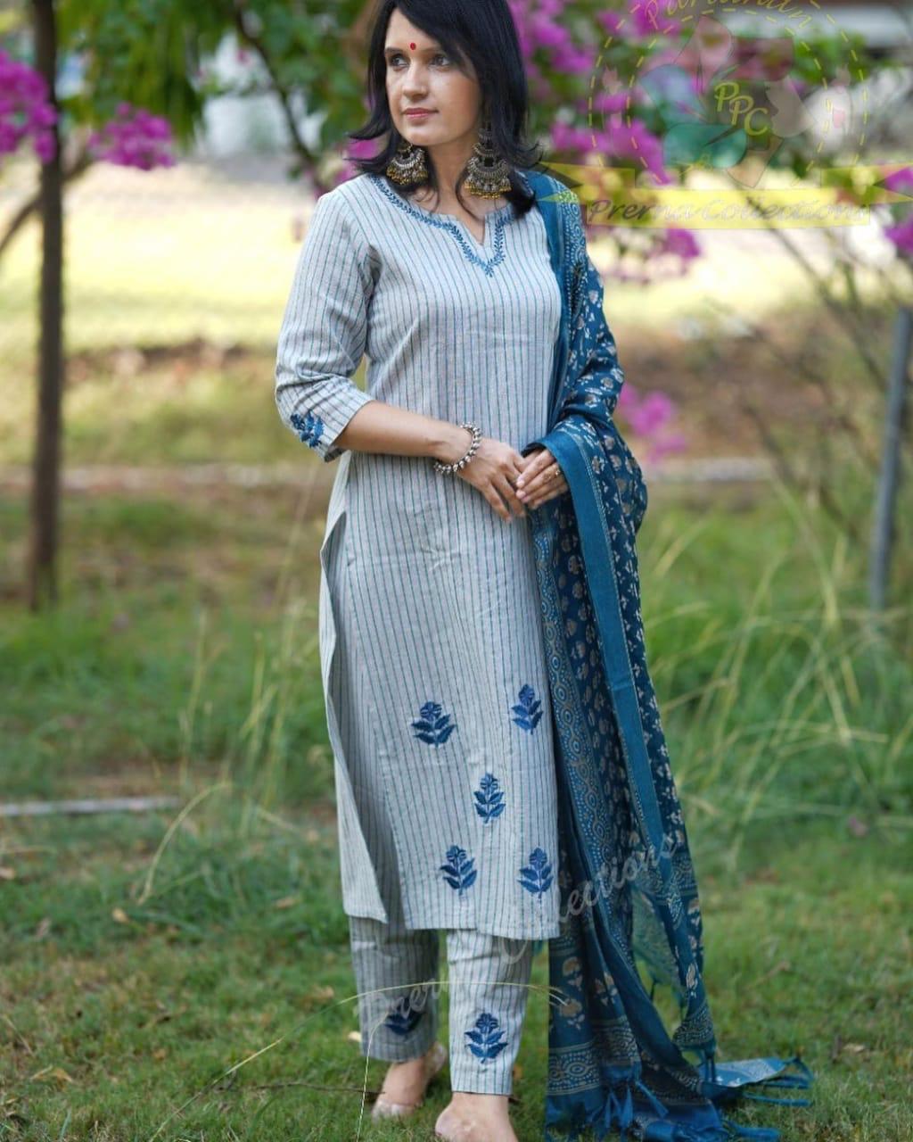Blue and Grey Striped Cotton Embroidered Kurta Set