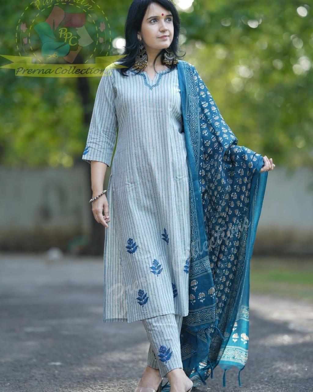 Blue and Grey Striped Cotton Embroidered Kurta Set