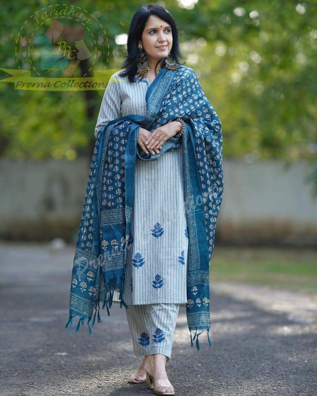 Blue and Grey Striped Cotton Embroidered Kurta Set