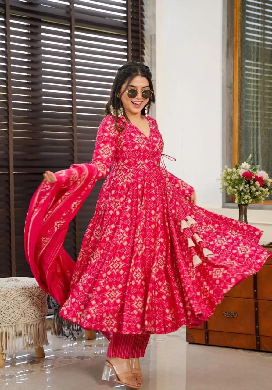 Red Anarkali Printed Kurta Set with Dupatta