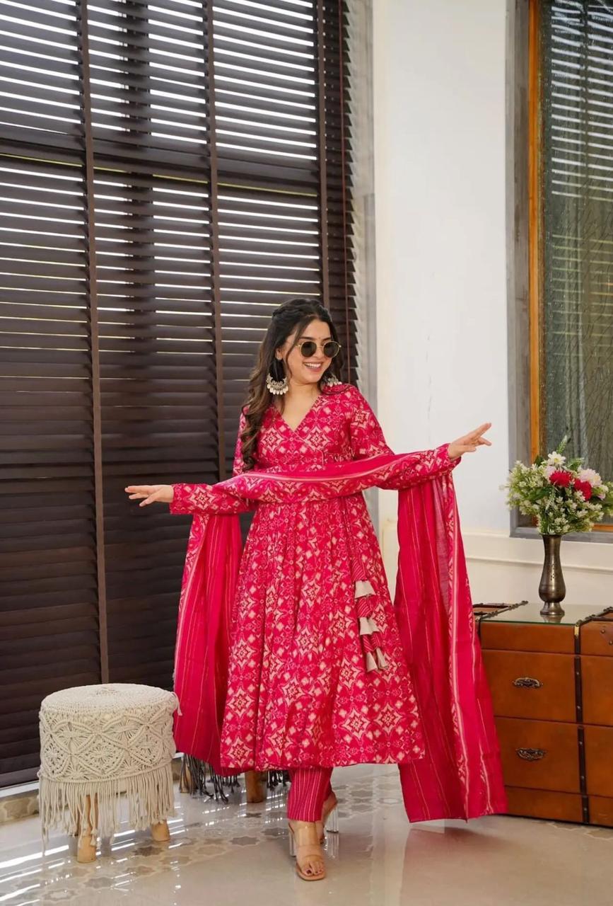 Red Anarkali Printed Kurta Set with Dupatta