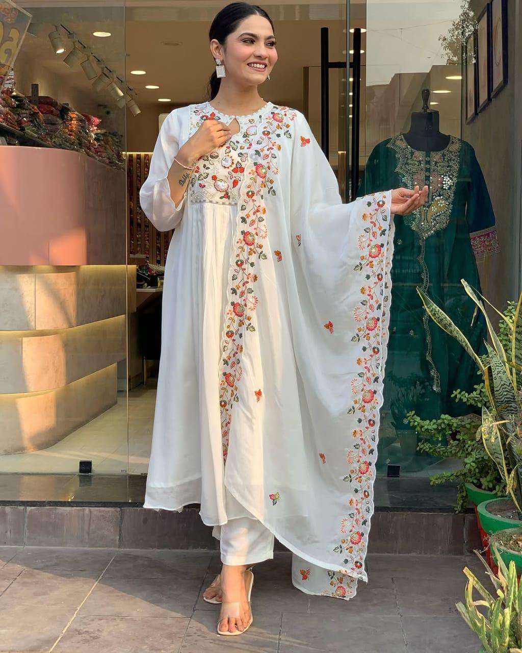 White Chanderi Cotton Embroidered Kurta Set
