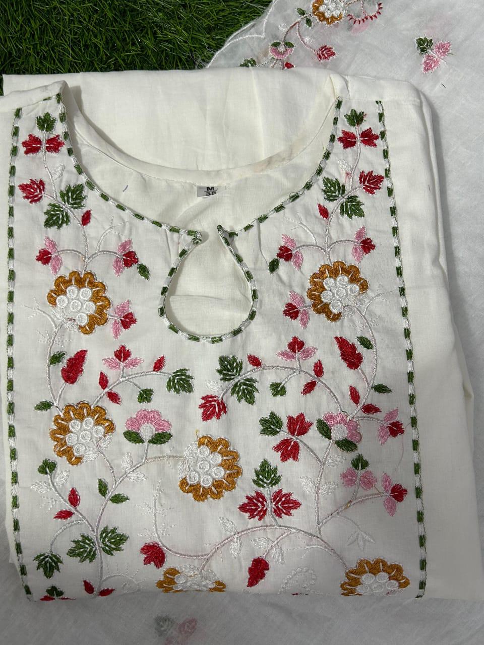 White Chanderi Cotton Embroidered Kurta Set