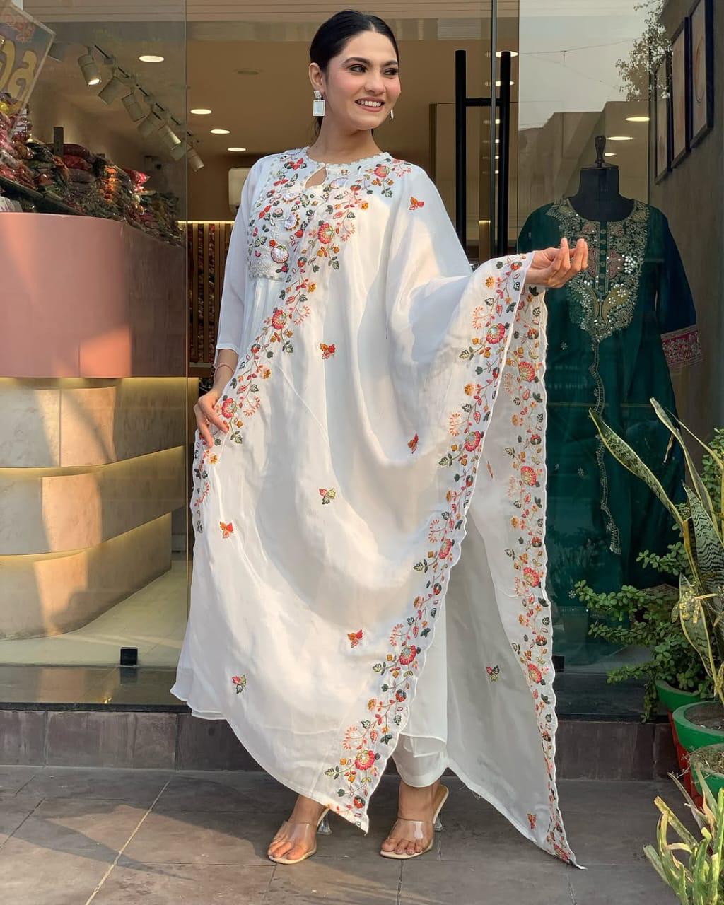 White Chanderi Cotton Embroidered Kurta Set