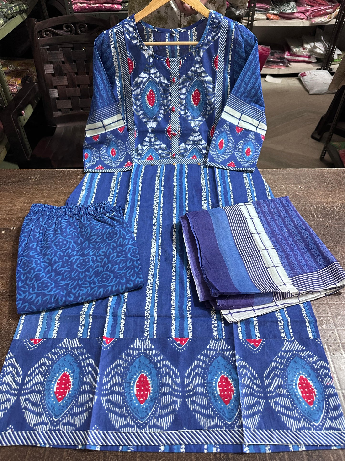 Blue and Red Block Printed Kurta Set