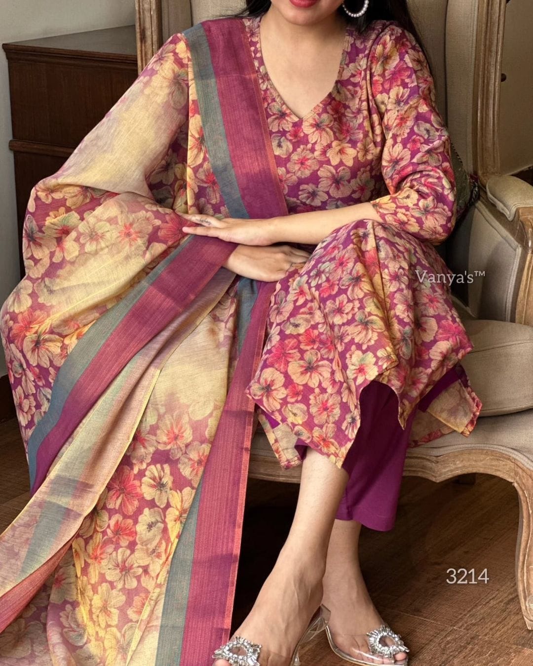 Printed Burgundy Kurta Set with Chanderi Dupatta