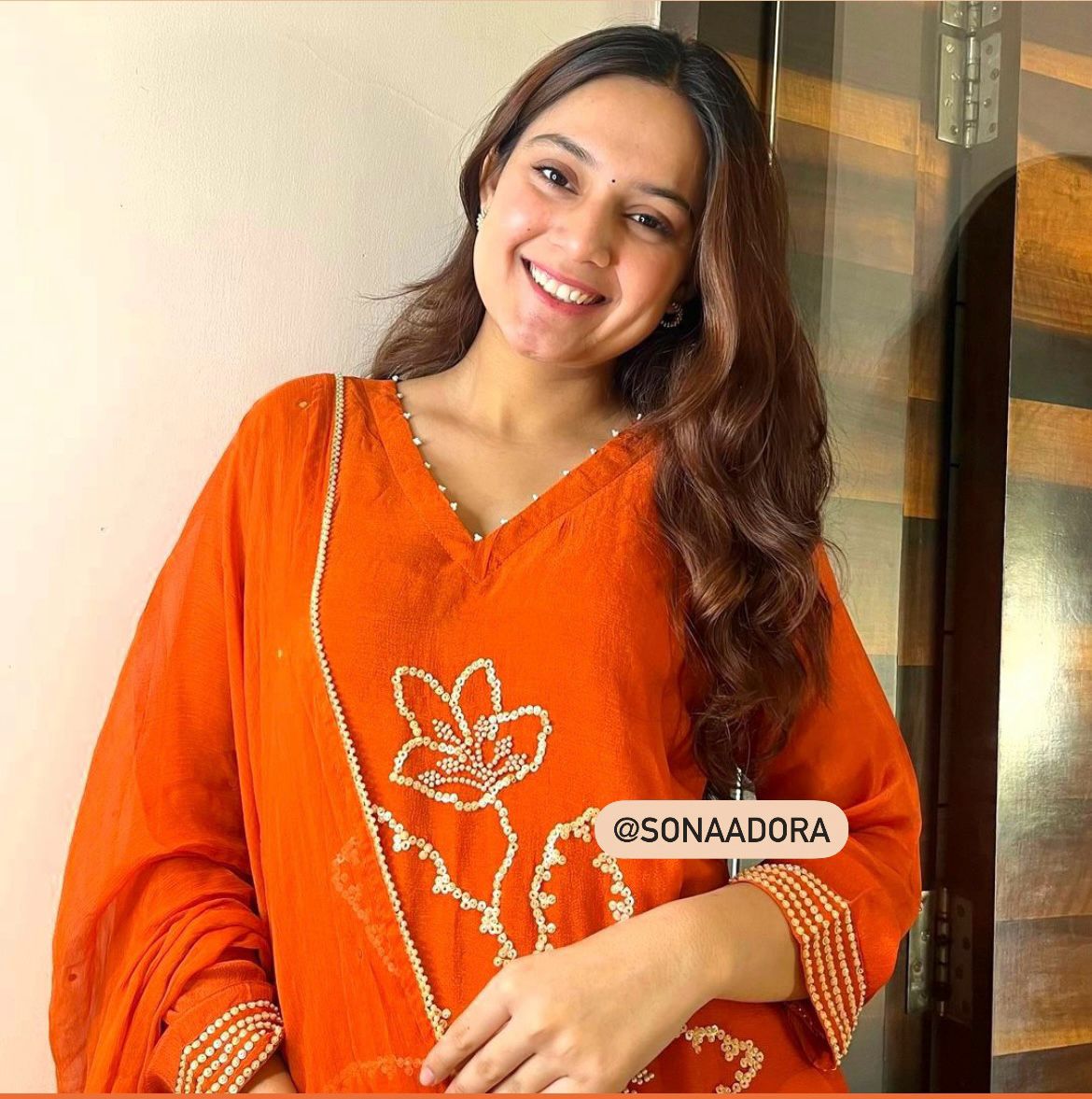 Orange Sequin Embroidered Kurta Set